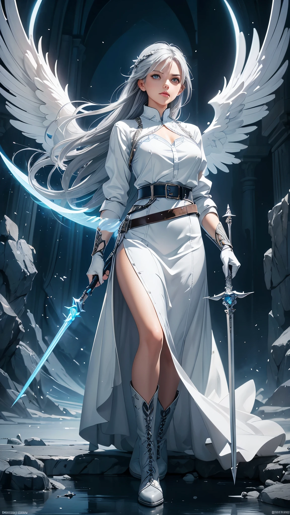 a young woman with gray hair and gray eyes, wearing a white shirt, long blue skirt, gloves, belt, and boots, holding a long silver spear, angel wing on her back, detailed face, beautiful eyes, high quality, detailed illustration, elegant, fantasy, realistic, dramatic lighting, cinematic, digital art, concept art, vibrant colors, masterpiece