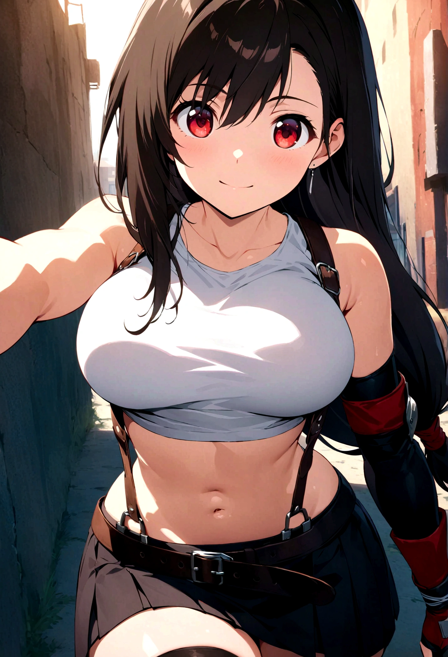 score_9, score_8_up, score_7_up,4k, ,BREAK , (from front,medium angle),standing,straight-on,,(upperbody),looking_at_viewer ,1girl, tifa lockhart, final fantasy, tareme,black hair, low-tied long hair, red eyes, bangs, white tank top, belt, pleated skirt, thighhighs, elbow fingerless gloves, elbow pads, midriff, navel,suspender skirt, ,big_breasts,() ,,(light smile),shiny skin,(Curvy waist), ,Solo,,(daytime and beachside,), ,,,detailed skin,,((best quality)),,(aesthetic,very aesthetic),(beautifulbody),(UHD),anime,anime style, key visual,, highly detailed,sharp focus,depth of field,,professional lighting,cinematic lighting,shirtlift