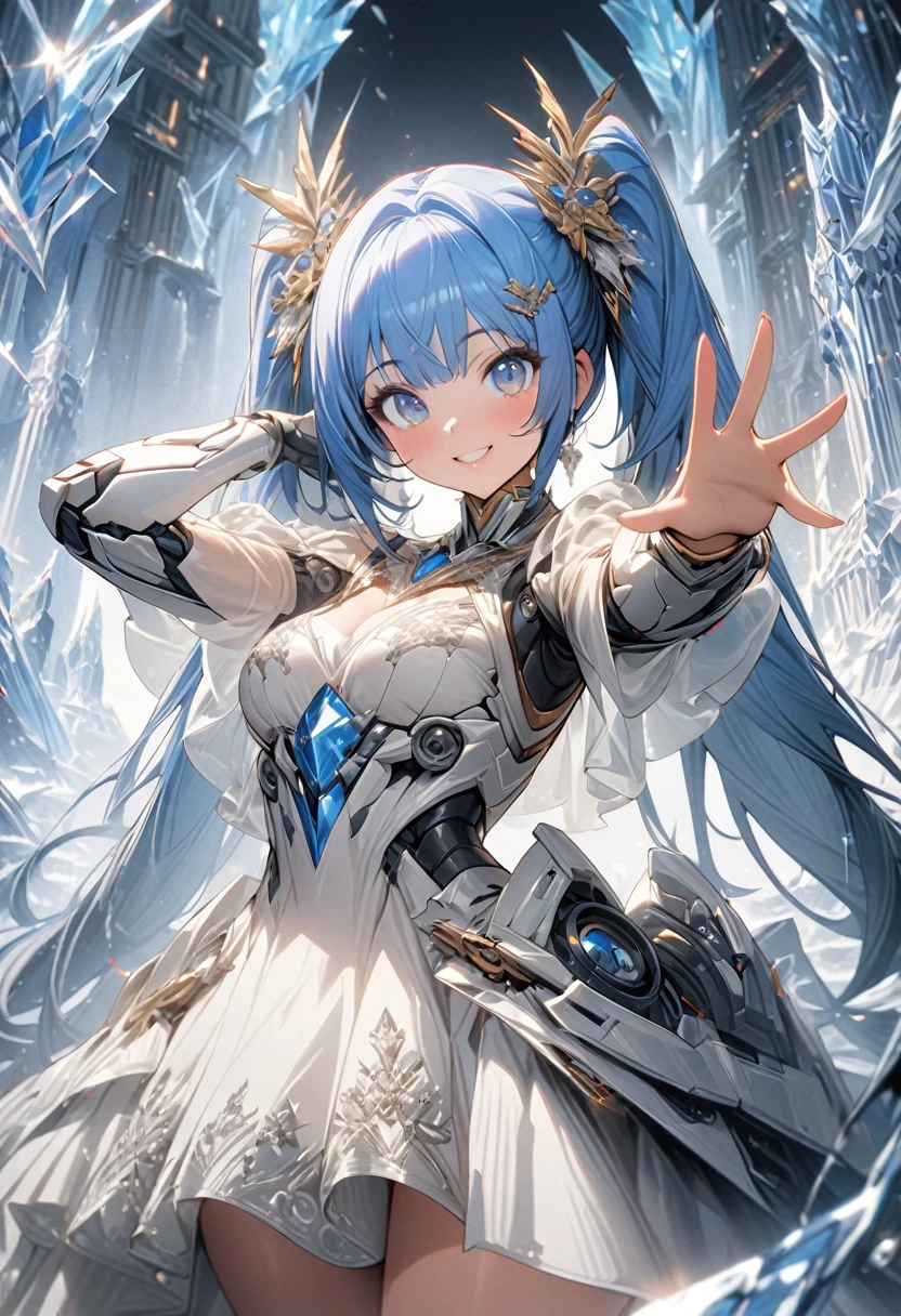 1 girl A picture of her standing in front of an ice castle wearing a fancy frilly dress made of mechs.Mechanical dress like robot armor,luxurious mecha dress,The dress is mainly white and blue, with some decorations visible. Many mechanisms can be seen from the dress.Luxurious barrette with white and blue mecha,beautiful detailed eyes, beautiful detailed lips, extremely detailed face, long eyelashes, blue hair, twin tails, blue eyes,Beautiful smile,The ice castle is gorgeous and completely transparent.Standing in a magical pose in front of a castle in a fantastic ice world 、(perfect five fingers1.2),cowboy shot,(best quality, 4k, 8k, highres, masterpiece:1.2), ultra-detailed, 