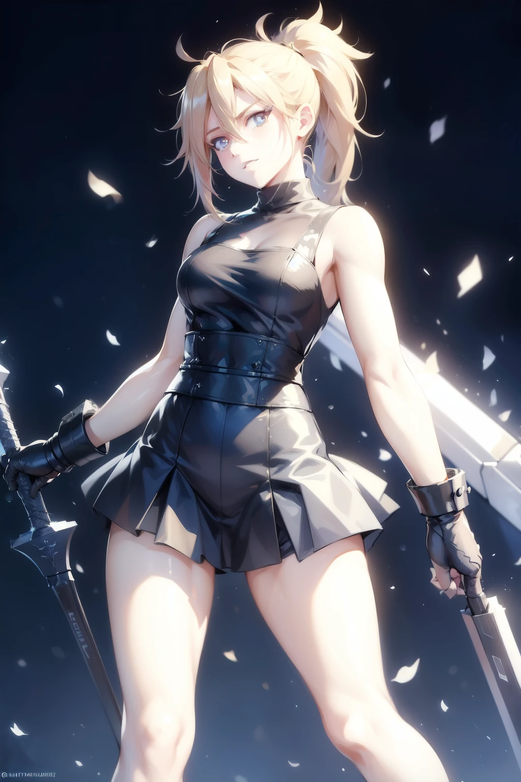 (masterpiece, best quality:1.2), Blue  glowing eyes, perfect face, highres, 1 girl, solo, ultra long ponytail, (female:1.5), strife, blonde hair, shoulder armor, sleeveless turtleneck, suspenders, belt, gloves, bracer, evil smile, standing, portrait, looking at viewer, giant sword on the back