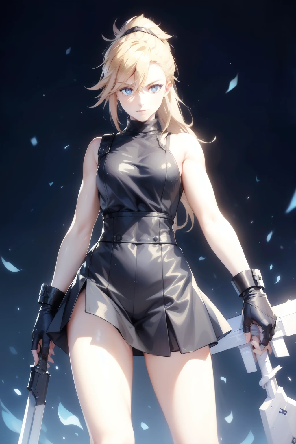 (masterpiece, best quality:1.2), Blue  glowing eyes, perfect face, highres, 1 girl, solo, ultra long ponytail, (female:1.5), strife, blonde hair, shoulder armor, sleeveless turtleneck, suspenders, belt, gloves, bracer, evil smile, standing, portrait, looking at viewer, giant sword on the back