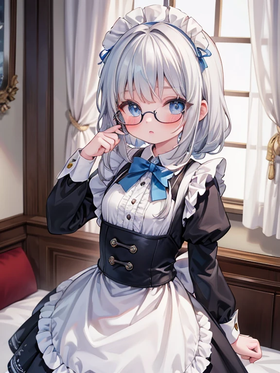 masterpiece, highest quality, Very detailed, 16k, Ultra-high resolution, cut in,  girl, blue eyes, Glasses, Silver Hair, Long Hair, Braid, Black maid outfit