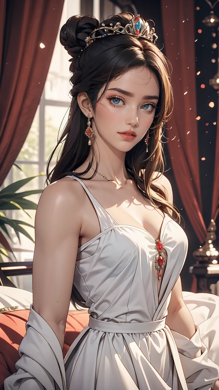 Hermosa joven princesa con cabello negro y ojos azules., ella lleva un hermoso vestido largo blanco