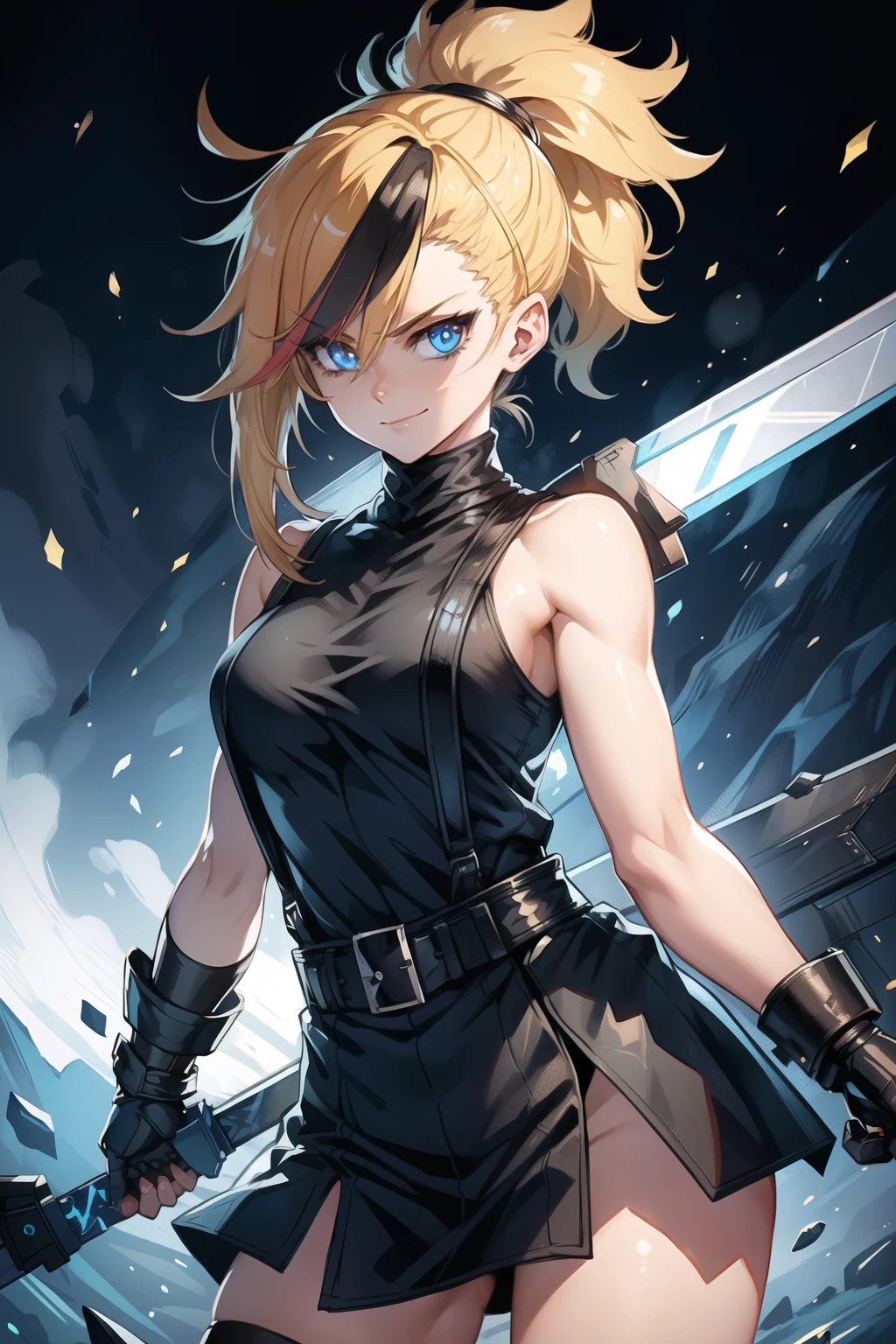 (masterpiece, best quality:1.2), Blue  glowing eyes, perfect face, highres, 1 girl, solo, ultra long ponytail, (female:1.5), strife, blonde hair, shoulder armor, sleeveless turtleneck, suspenders, belt, gloves, bracer, evil smile, standing, portrait, looking at viewer, giant sword on the back