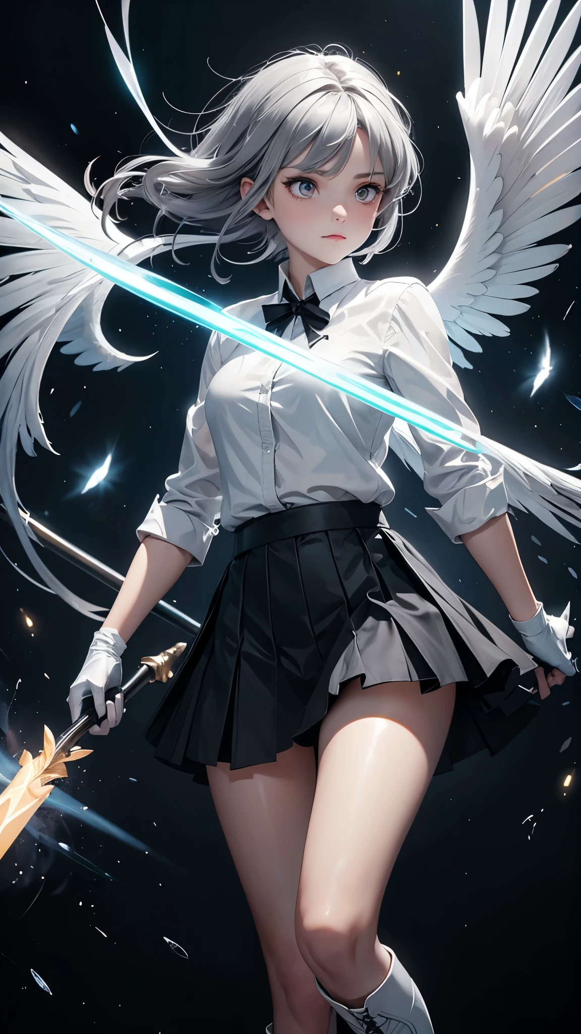 a grey-haired angel with glowing eyes, 2 wings made of light, wielding a spear, wearing a white shirt and black skirt, boots and gloves