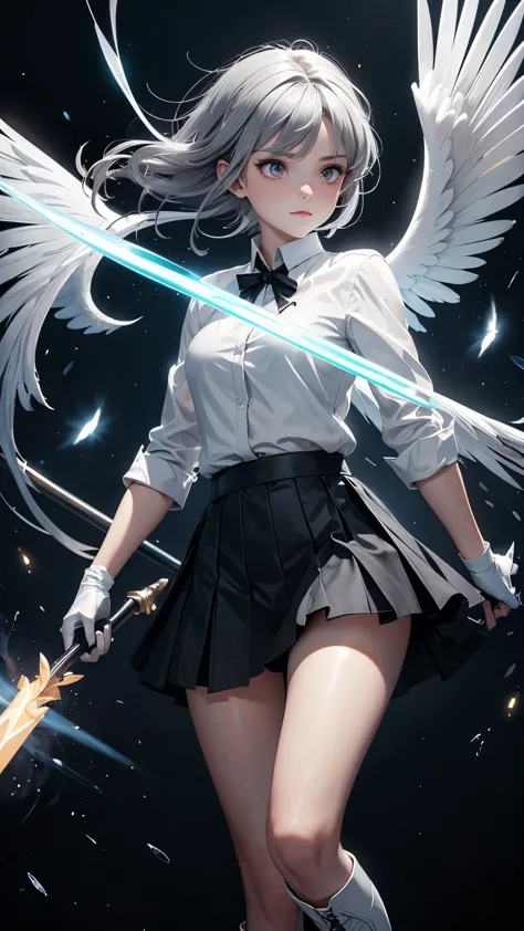 a grey-haired angel with glowing eyes, 2 wings made of light, wielding a spear, wearing a white shirt and black skirt, boots and...