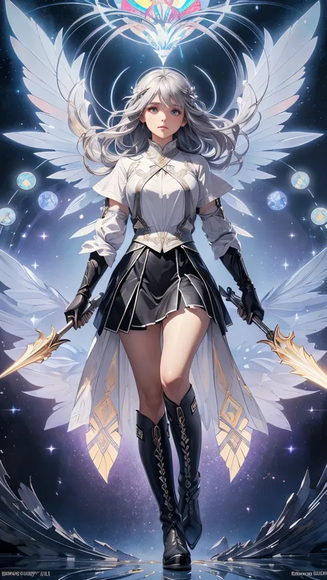 a grey-haired angel with glowing eyes, 2 wings made of light, wielding a spear, wearing a white shirt and black skirt, boots and...