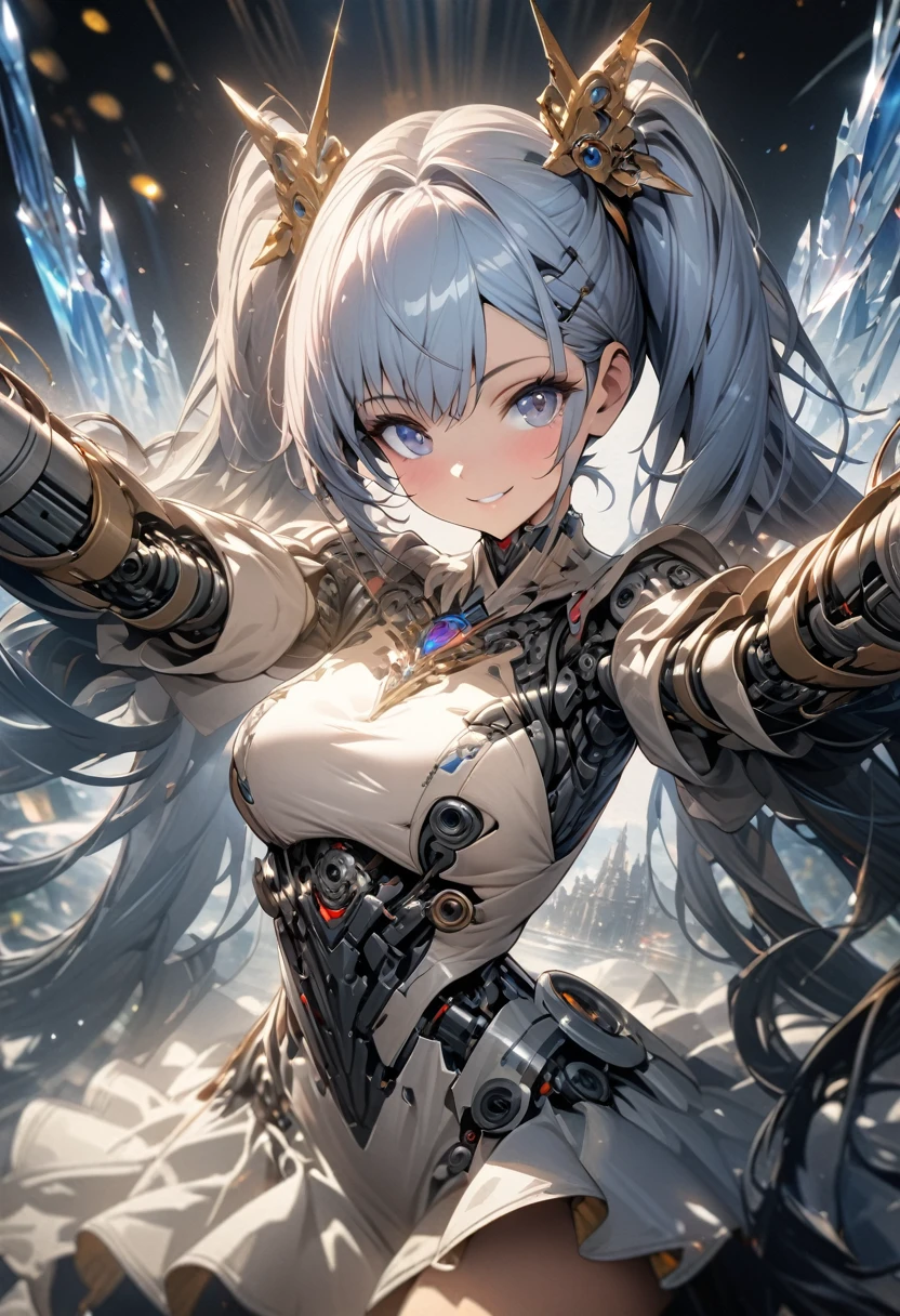 a beautiful girl in a fancy frilly dress made of mechanical parts, standing in front of a gorgeous transparent ice castle, blue hair in twin tails, blue eyes, beautiful detailed face, long eyelashes, beautiful smile, luxurious mecha dress with visible mechanisms, standing in a magical pose,cowboy shot, (best quality, 4k, 8k, highres, masterpiece:1.2), ultra-detailed, HDR, UHD, studio lighting, ultra-fine painting, sharp focus, physically-based rendering, extreme detail description, professional, vivid colors, bokeh, portrait