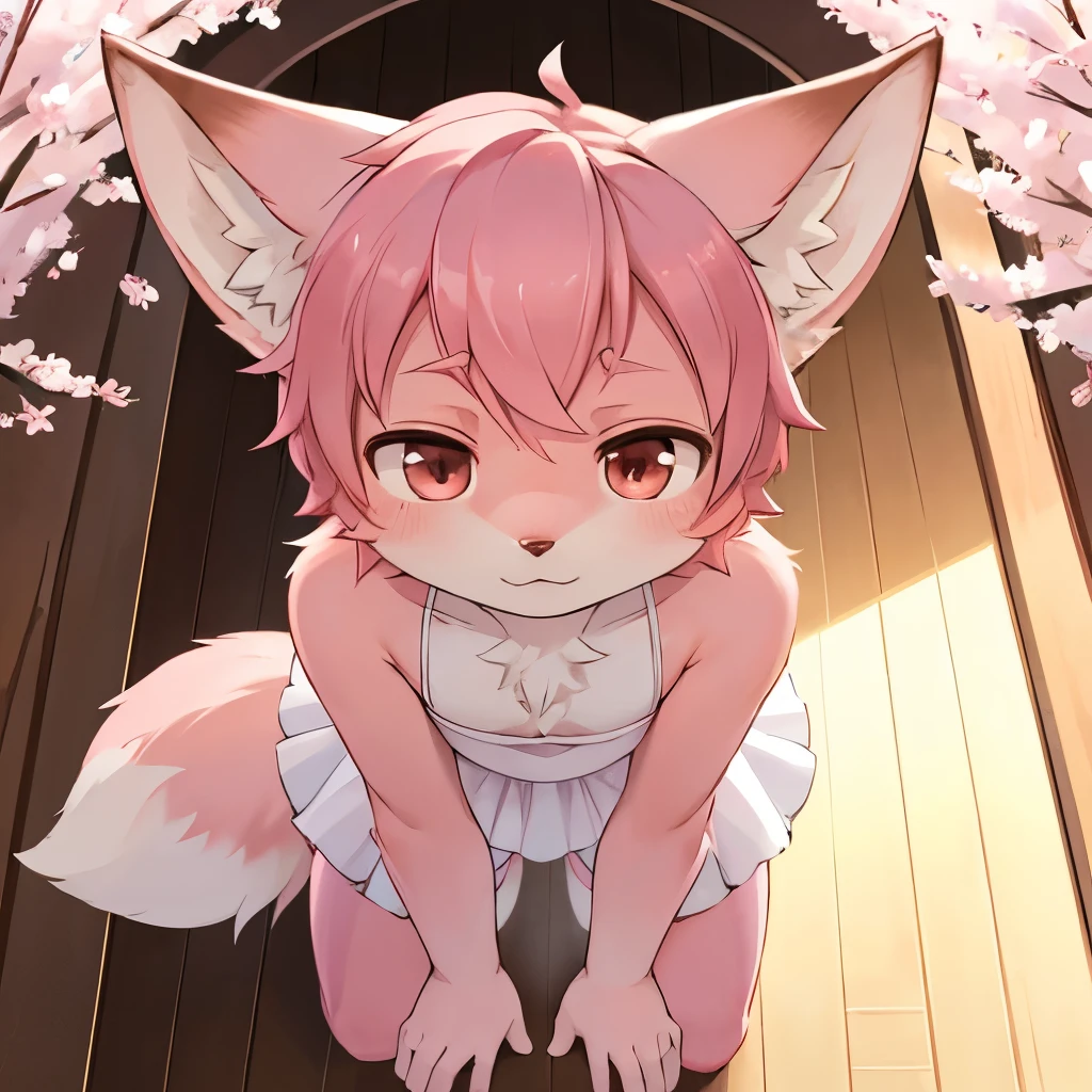 kemoshota, short statue boy,first person view, focus on face, standing in front of you, coming closer, low camera angle, High detail, fox tail, (one tail), (pink fur), fox ears, (pink fur), short hair, (pink hair), Standing at the entrance to the cherry blossam, Lean forward slightly, hands on knees, (white Tutu Dress), teenager, Tall,