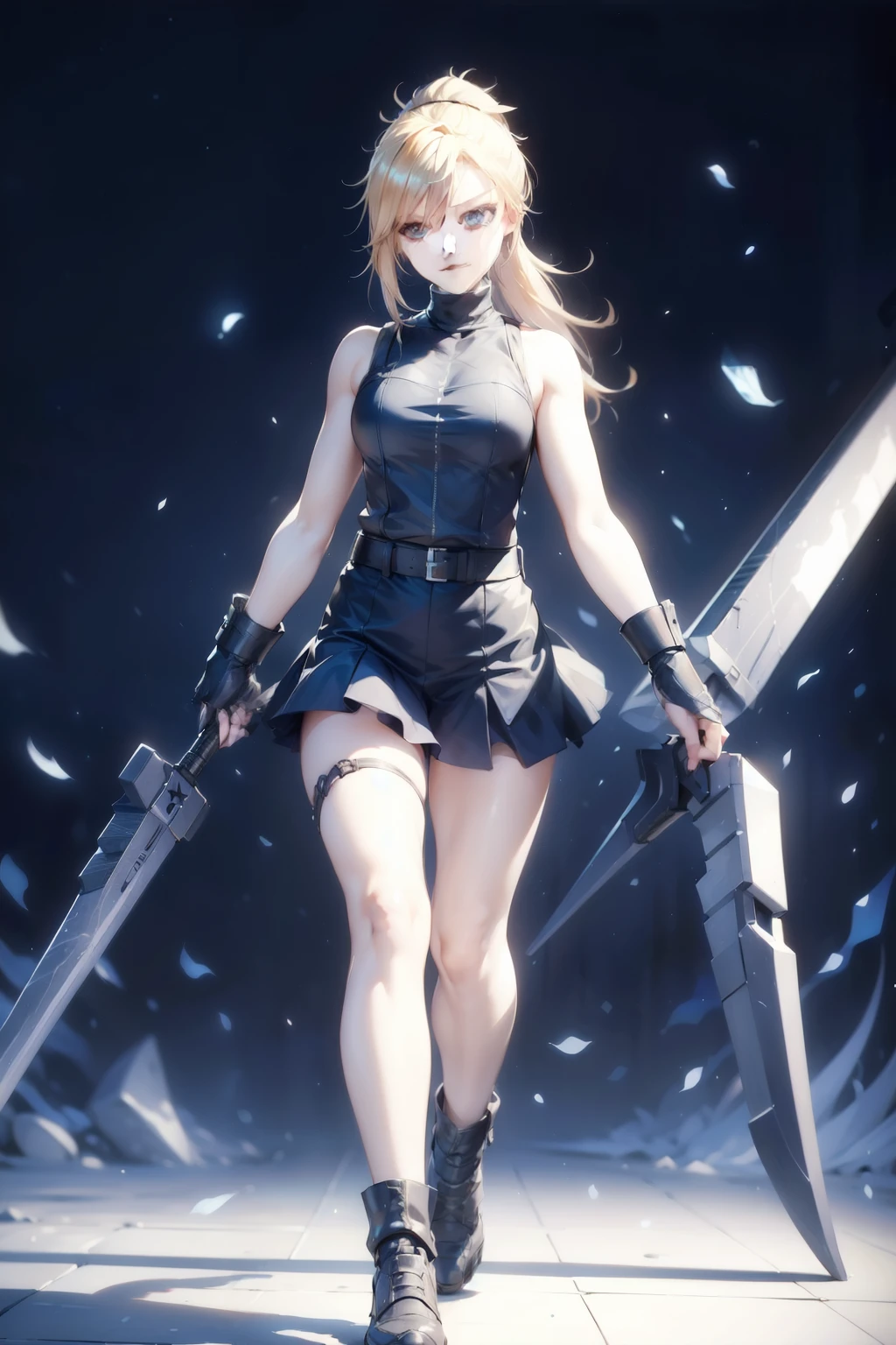 (masterpiece, best quality:1.2), Blue  glowing eyes, perfect face, highres, 1 girl, solo, ultra long ponytail, (female:1.5), strife, blonde hair, shoulder armor, sleeveless turtleneck, suspenders, belt, gloves, bracer, evil smile, standing, portrait, looking at viewer, giant sword on the back