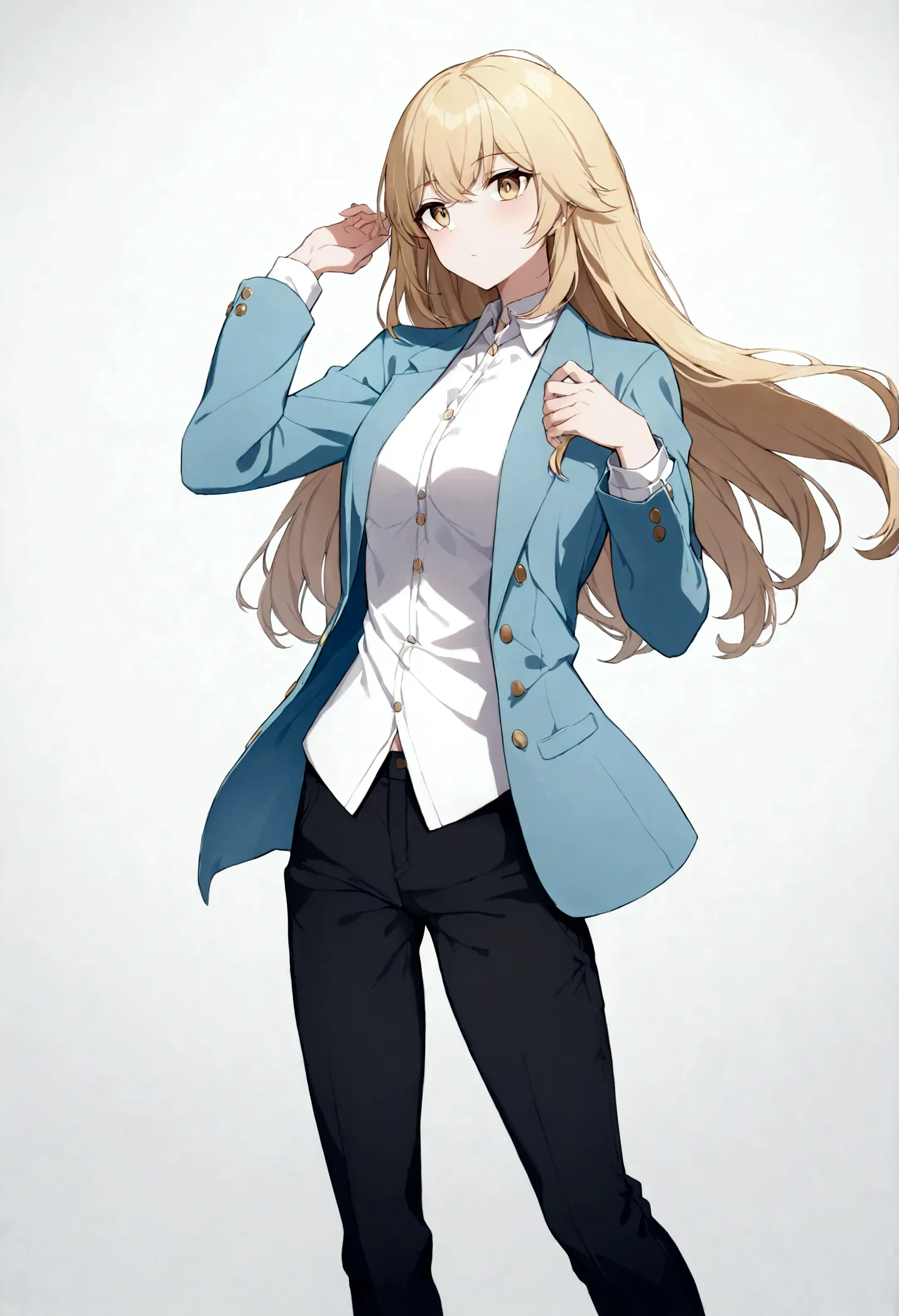1girl, blonde hair, medium , white shirt, light blue jacket, black pants 