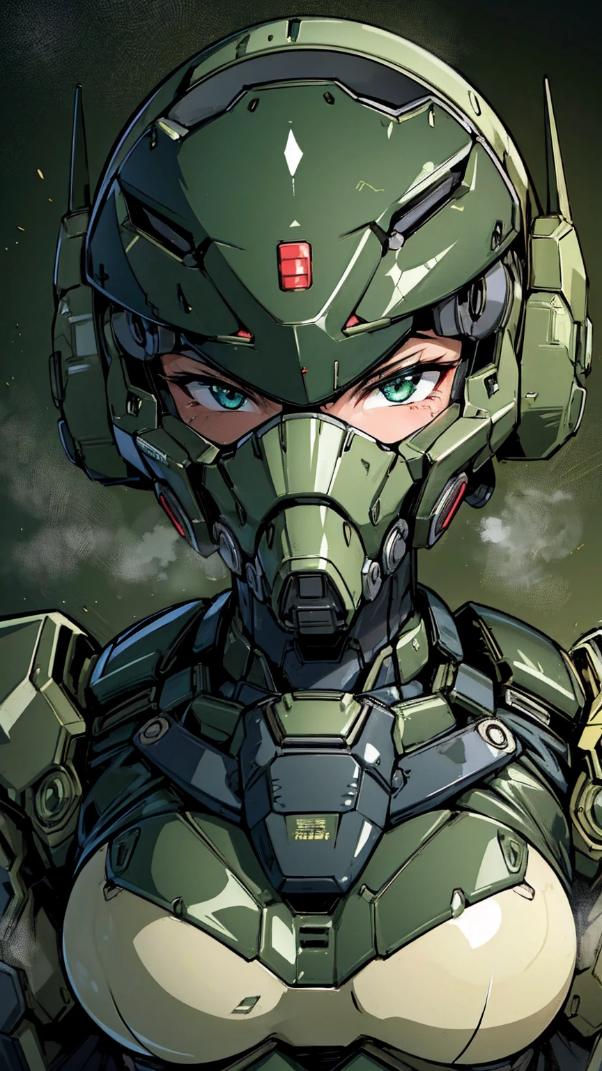 最high quality非常に詳細, Advanced Details, high quality, 最high quality, High resolution, 1080p, hard disk, beautiful,(War Machine),(Snug-fitting headgear),See the big picture,beautifulサイボーグ女性,Dark Green Mecha Cyborg Girl,Battle Mode,Mecha Body Girl　8k dark green body armor　Elementary school girl　Sweaty face　Droopy eyes　short hair　Gas mask with extension nozzle　boyish　Steam coming out of my head　My hair is wet with sweat　Black Hair, Steam coming out of the mouth　Lie in bed with no exposed skin　