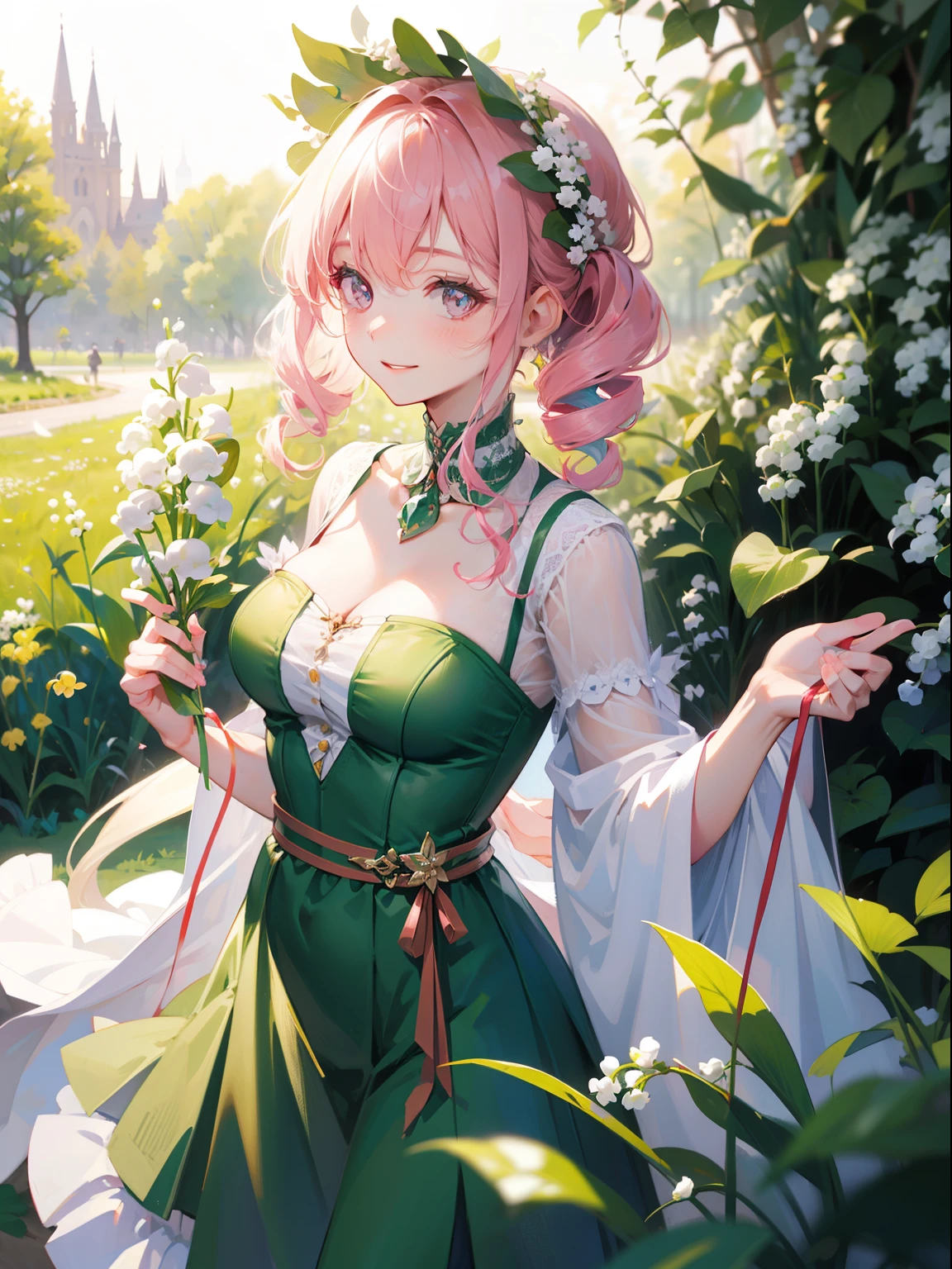 (masterpiece), best quality, ultra high res, sharp focus, a beautiful woman in flower pink lily of the valley garden, looks at the viewer, smiles、Drill Hair