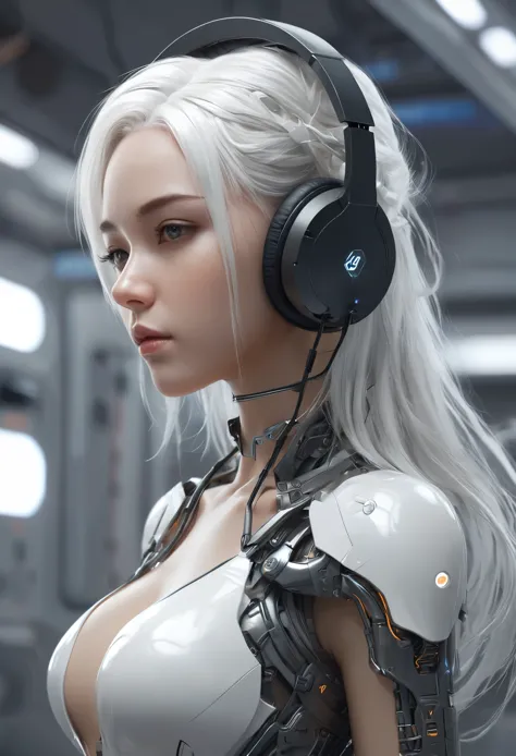 (best quality),(real),(masterpiece),absurdres,realistic,there is a woman with headphones on in a space station, girl wearing hea...