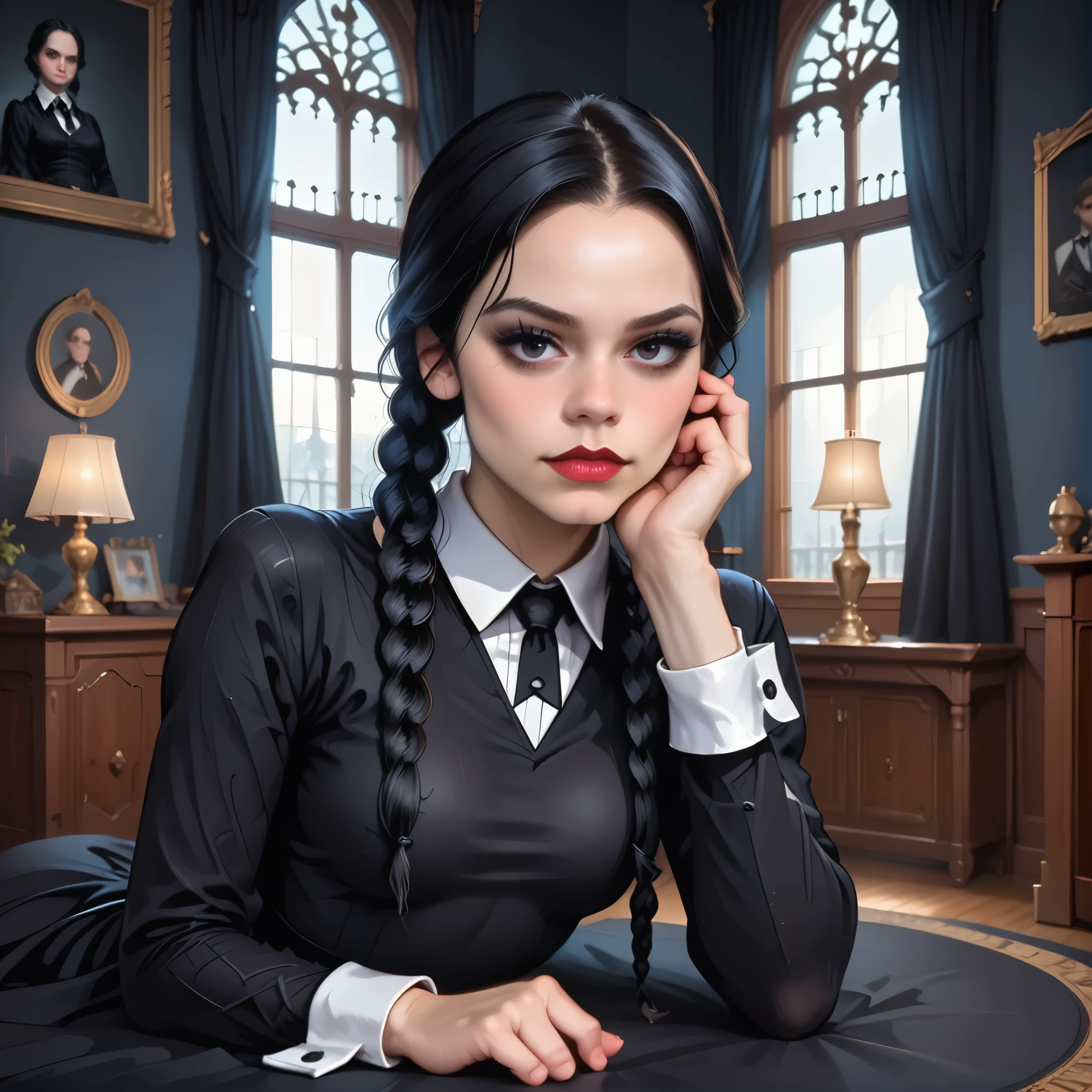 photorealistic, photo offset from centre, Wednesday Addams, solo, (1girl), relaxing pose, the addams family, hair in two ponytails, black hair, raven black eyes, beautiful face, pale skin, laying on stomach, bare feet, facing viewer, eye contact, collared dress, black long dress, covered shoulders, covered chest, covered neck, puffy sleeves, long sleeves, white collar, white cuffs 