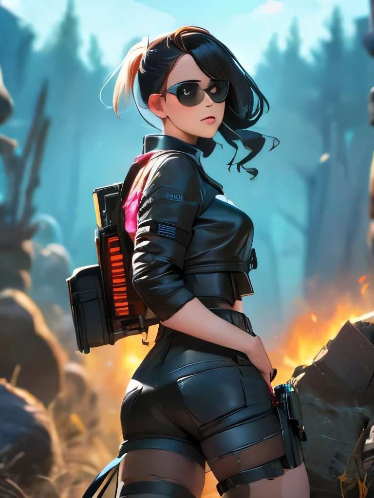 an attractive woman [gunslinger:bounty hunter:0.4] standing in a apocalyptic wilderness (glitchwave style:1) 