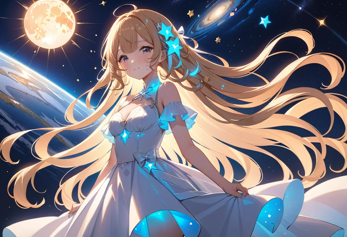 (masterpiece, best quality), high resolution, high quality,cute 1girl, shiny luminous hair, curly long, very long  hair, dress made of galaxies covered in stars, sun, stars, 