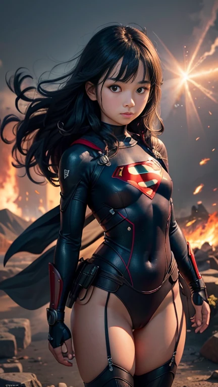 (8k),(masterpiece),(Japanese),(8-year-old girl),((innocent look)),((Childish)),From the front and above,smile,cute,Innocent,Kind eyes,flat chest, Slender,Hairless vagina,Superman costume,semi-long,Hair blowing in the wind,Black Hair,strong wind,night,big cinematic explosion 