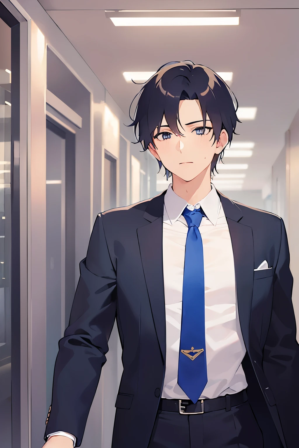 Anime character in a suit and tie standing in a hallway - SeaArt AI