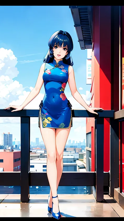 lynnminmay, 1girl, solo, black hair, print_cheongsam, standing, city, high heels