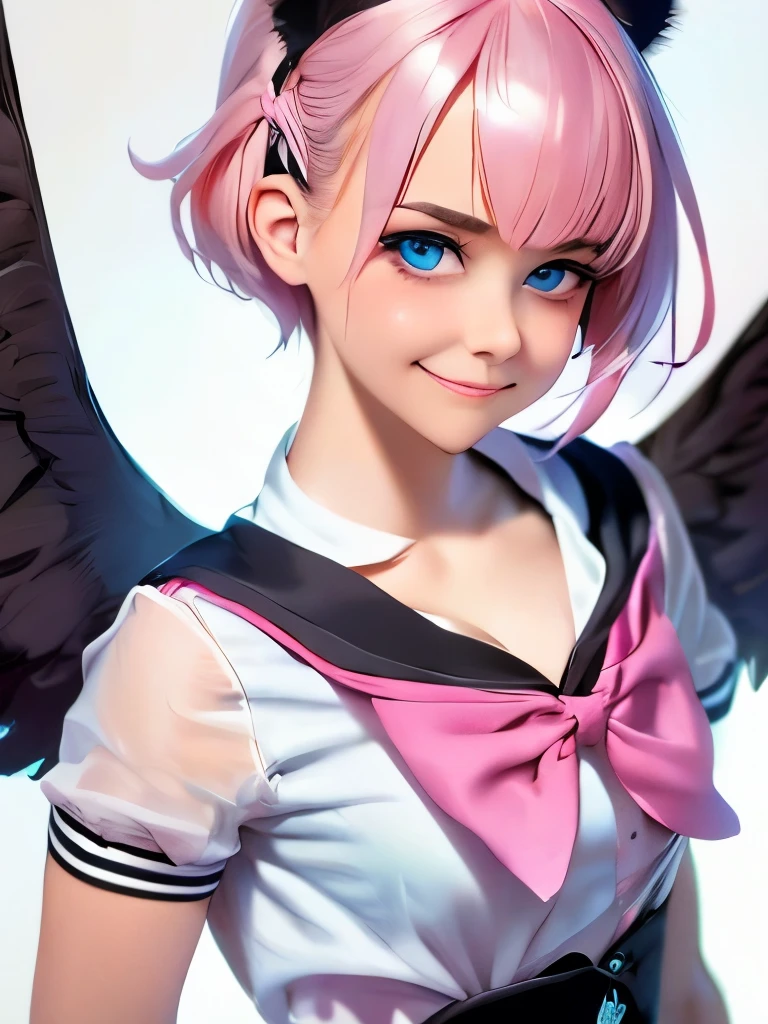 skistyle, 1girl, solo, pink hair, animal ears, blue eyes, wings, looking at viewer, mole, bangs, short hair, bow, sailor collar, simple background, white sailor collar, mole under mouth, hair bow, pink bow, closed mouth, shirt, white shirt, bear ears, bob cut, mini wings, grey background, portrait, detached wings, makeup, upper body, white background