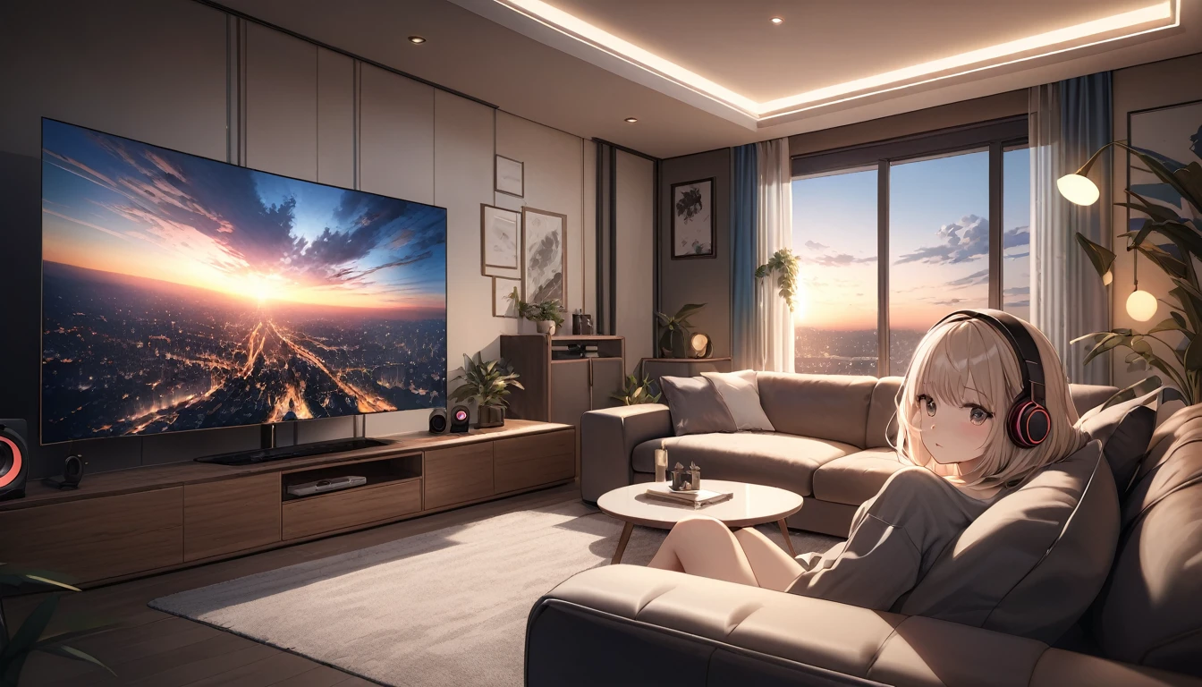 highest quality, Ultra-high resolution, One Girl, nap、sofa、cute,(Platinum Blonde Hair:1), ((Puffy eyes)), View Audience(Depth of Field HDR 8K 4K Wallpaper Cinematic Angle, Living room lighting(masterpiece, highest quality:2.0),headphone,listen to music