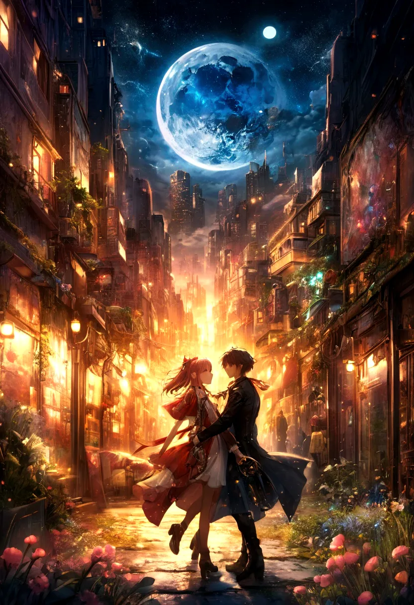 anime couple in a city at night with a full moon, beautiful fantasy anime, epic light novel art cover, anime fantasy artwork, dr...