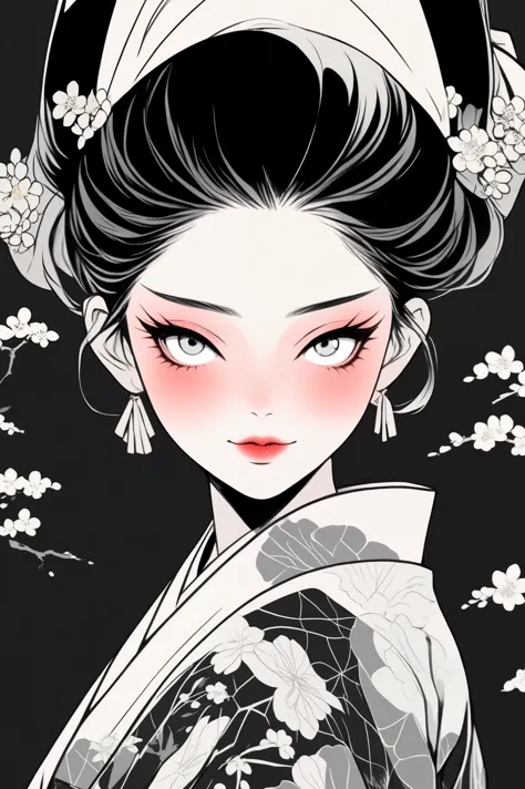 (best quality, sketch:1.2),Practical,ilustrador,Japanese cartoons,1 girl, Detailed lips, kimono,Entertainment, black and white g...