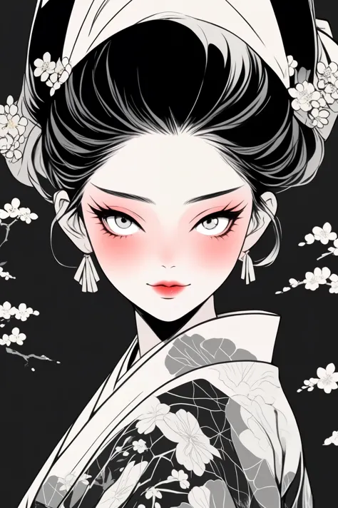 (best quality, sketch:1.2),practical,ilustrador,japanese cartoons,1 girl, detailed lips, kimono,entertainment, black and white g...