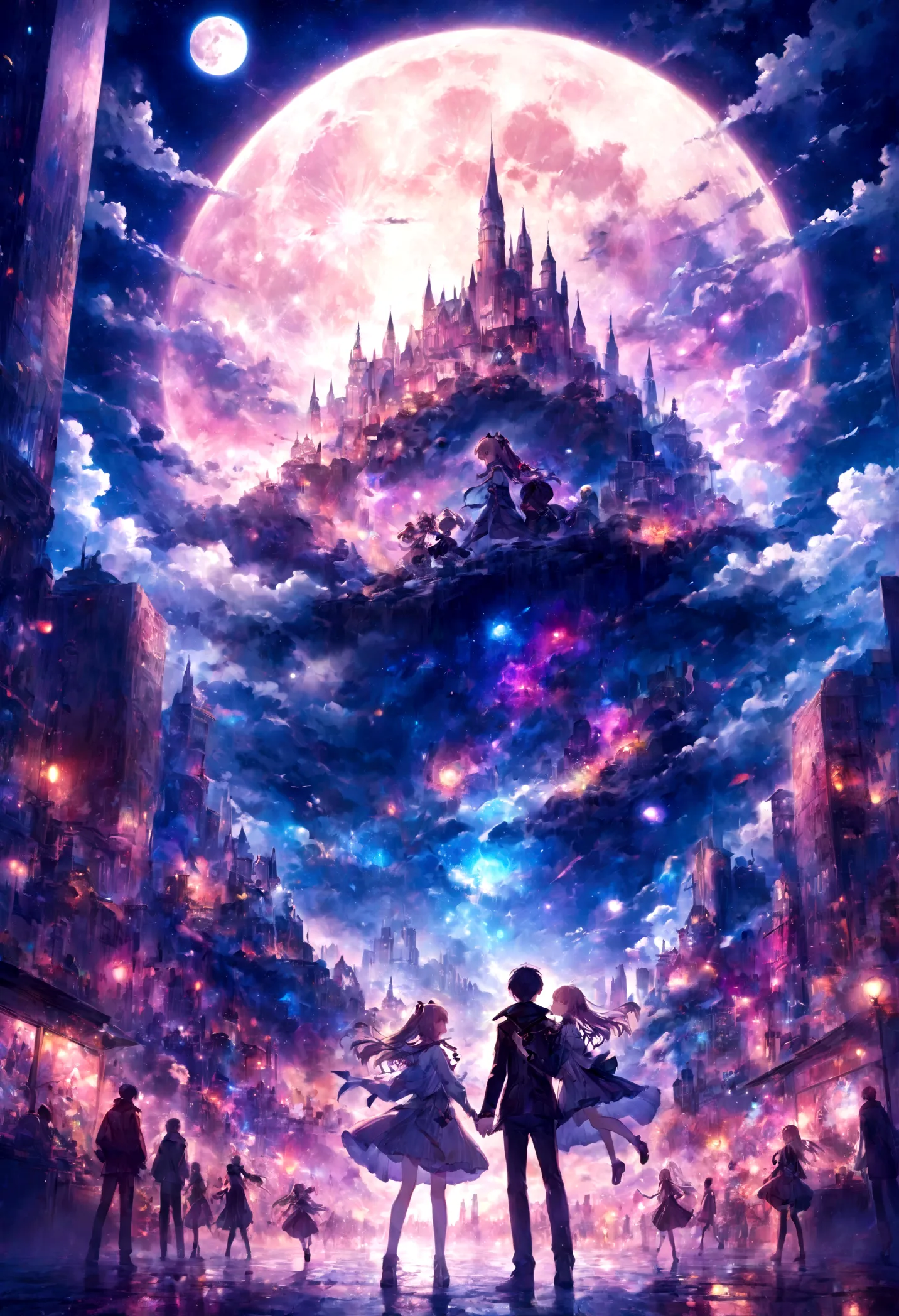 anime couple in the city at night on a full moon、beautiful fantasy anime、epic light novel art cover、anime fantasy artwork、dream ...