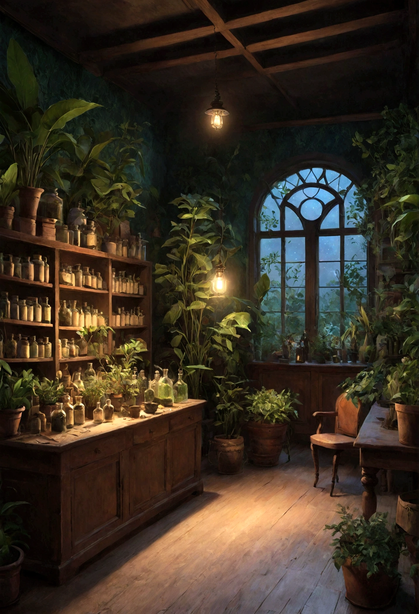 Victorian Era, Night Background, apothecary, plants, inside room with plants, good light, light particles