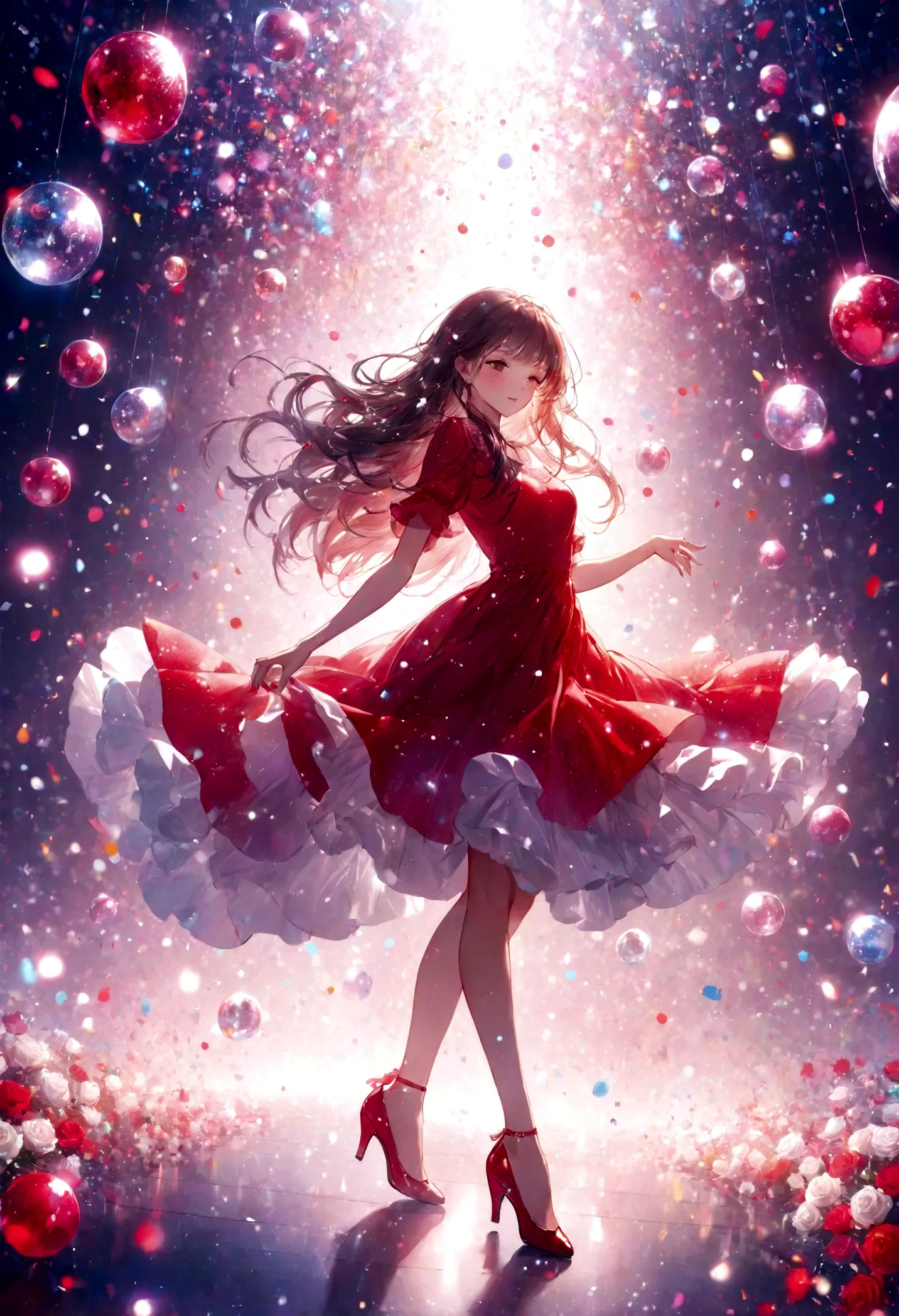 woman dancing in a club、long hair－、red dress and red heelultiple colorful shining disco balls、cinematic light、colorful particle ...