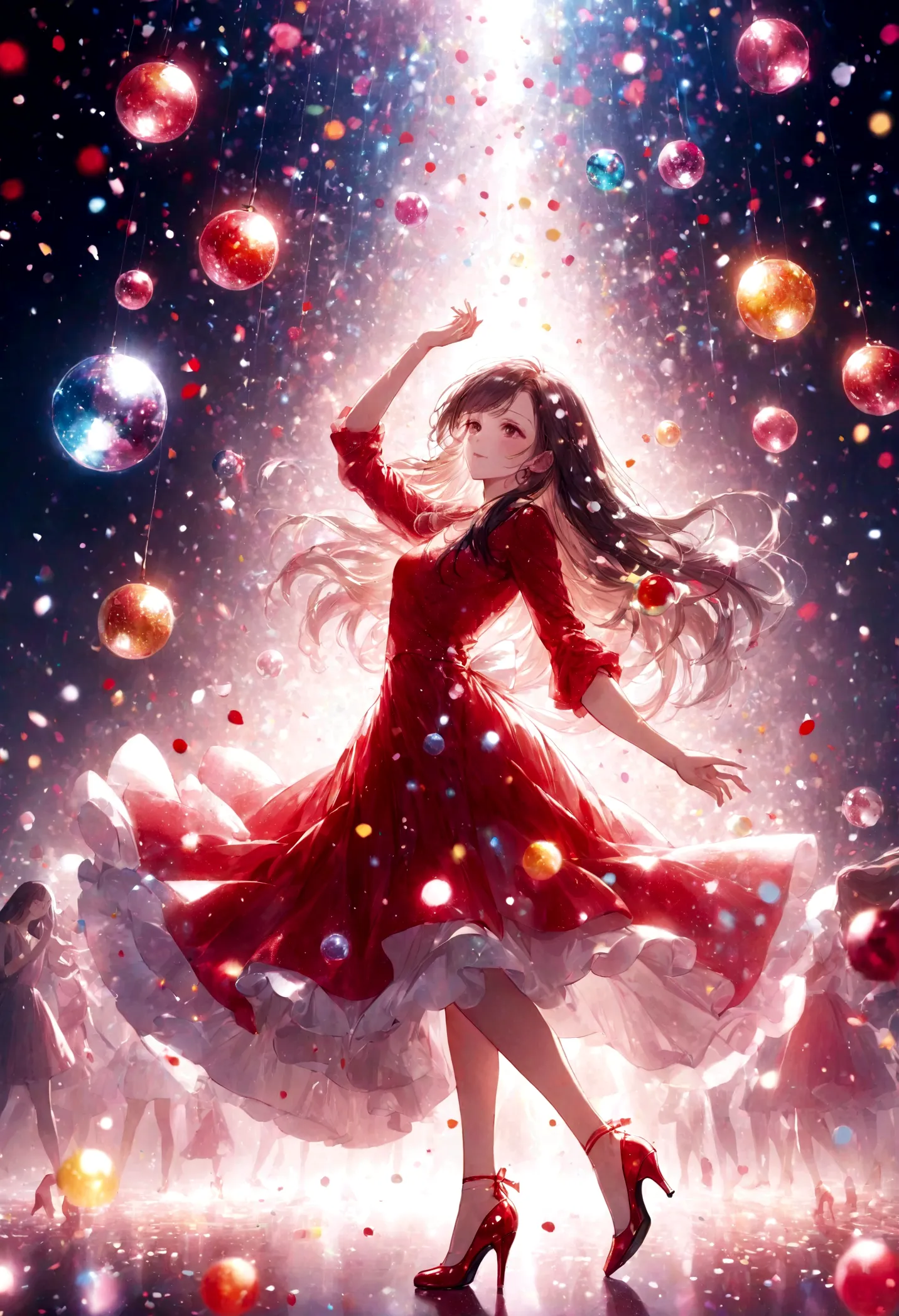 woman dancing in a club、long hair－、red dress and red heelultiple colorful shining disco balls、cinematic light、colorful particle ...