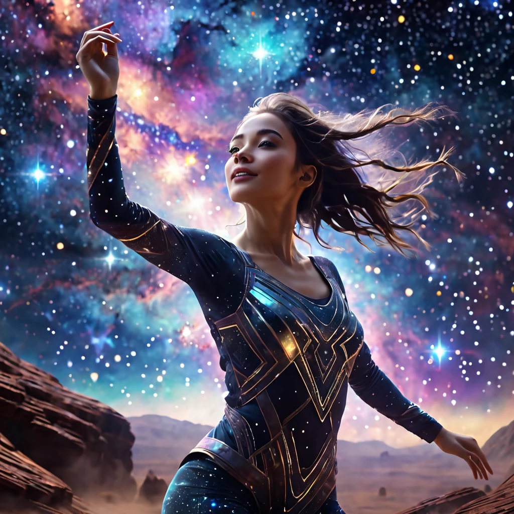 uma garota cósmica dançando entre as estrelas no cenário da nebulosa, retrato cinematográfico, Ultra HD, Super detalhado, luminescent, intricado, motor irreal,realismo épico