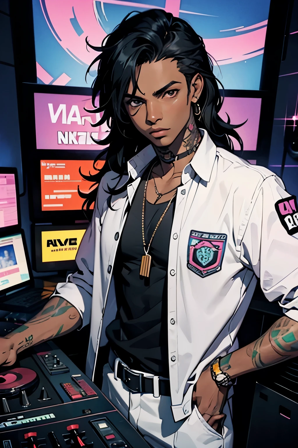 GTA style, Vice City, VCS, loading screen, radio station, DJ, Wave 103, host; male, femboy, dark skinned, African, messy long hair, tattoos