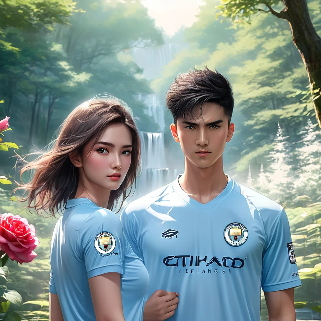 (Boy and girl), (((Very detailed faces)))), ((Very detailed eyes and face)))), Beautiful detail eyes, Body parts__, Official art, Unified 8k wallpaper, Super detailed, beautiful and beautiful, beautiful, masterpiece, best quality, original, masterpiece, super fine photo, best quality, super high resolution, realistic realism, sunlight, full body portrait, amazing beauty, dynamic pose, romantic poses, delicate faces, vibrant eyes, (from the front), boy wearing Manchester city shirt, light blue and white color scheme, Manchester city logo, girl wears only bra, very detailed forest background, beside a slow flowing water spring, overlooking slope of rose plantation, detailed face, detailed complex busy background, messy, gorgeous, milky white, highly detailed skin, realistic skin details, visible pores, clear focus, volumetric fog, 8k uhd, DSLR, high quality, film grain, fair skin, photo realism, lomography, deep forest , translucent