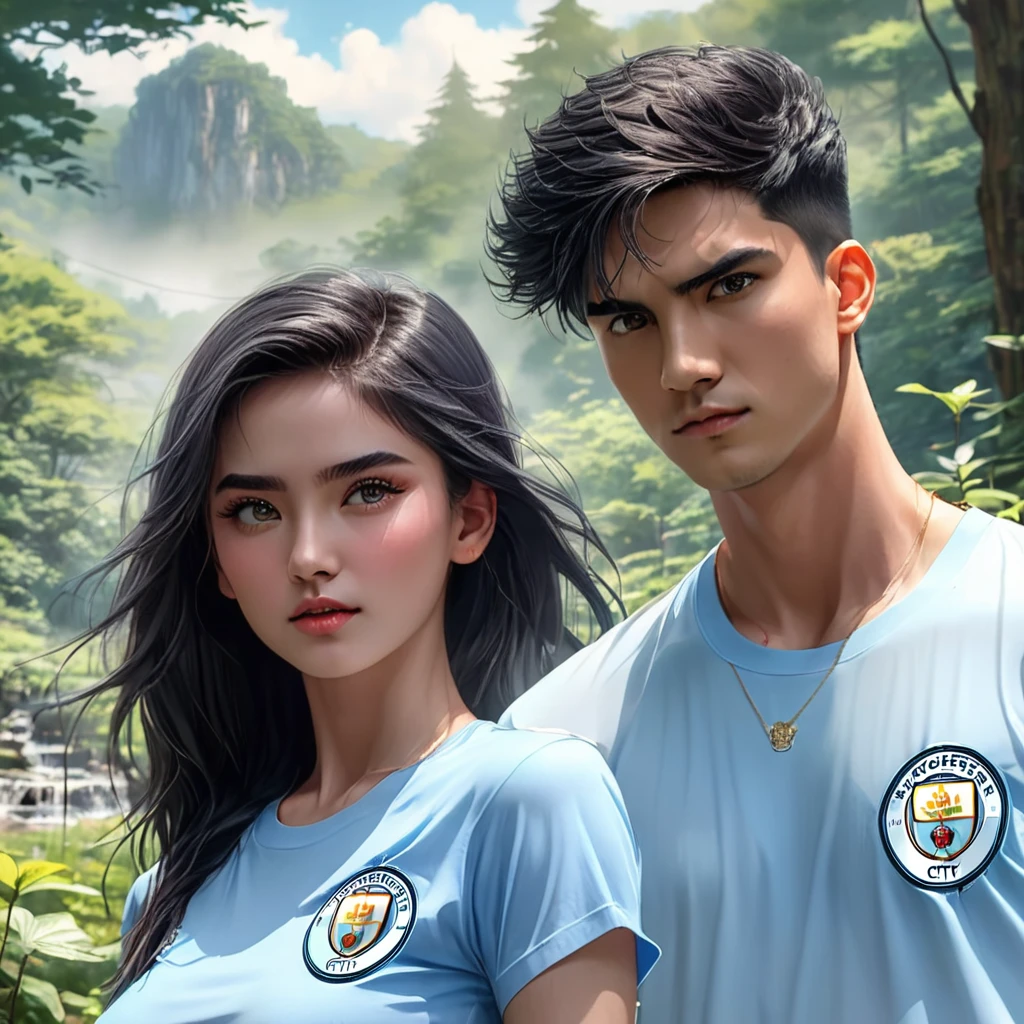 (Boy and girl), (((Very detailed faces)))), ((Very detailed eyes and face)))), Beautiful detail eyes, Body parts__, Official art, Unified 8k wallpaper, Super detailed, beautiful and beautiful, beautiful, masterpiece, best quality, original, masterpiece, super fine photo, best quality, super high resolution, realistic realism, sunlight, full body portrait, amazing beauty, dynamic pose, romantic poses, delicate faces, vibrant eyes, (from the front), boy wearing Manchester city shirt, light blue and white color scheme, Manchester city logo, girl wears only bra, very detailed forest background, beside a slow flowing water spring, overlooking slope of rose plantation, detailed face, detailed complex busy background, messy, gorgeous, milky white, highly detailed skin, realistic skin details, visible pores, clear focus, volumetric fog, 8k uhd, DSLR, high quality, film grain, fair skin, photo realism, lomography, deep forest , translucent