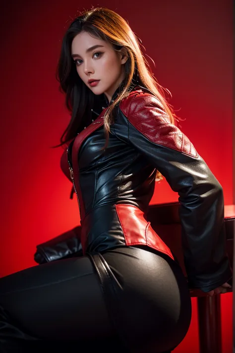 Highly detailed photo of a woman, Laura Elizabeth, scarlet witch, avenger, Wearing a black lace dress, open red leather jacket, ...