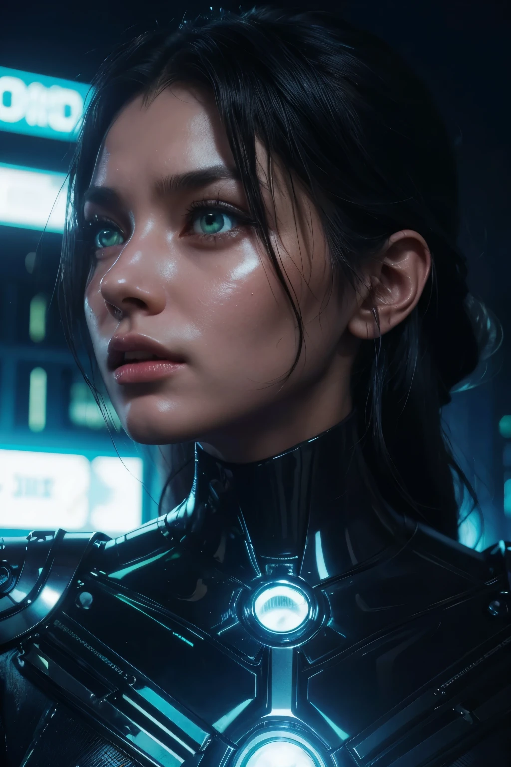 une femme robot de 2099, extrêmement détaillé, Éclairage cinématographique, pose dramatique, fond de ville cyberpunk néon, hyper réaliste, 8k, Art numérique primé, machines complexes, yeux brillants, peau en métal chromé, composition dynamique, des couleurs époustouflantes, Photoréaliste, éclairage clair-obscur, élégant et puissant, futuriste, angle cinématographique
