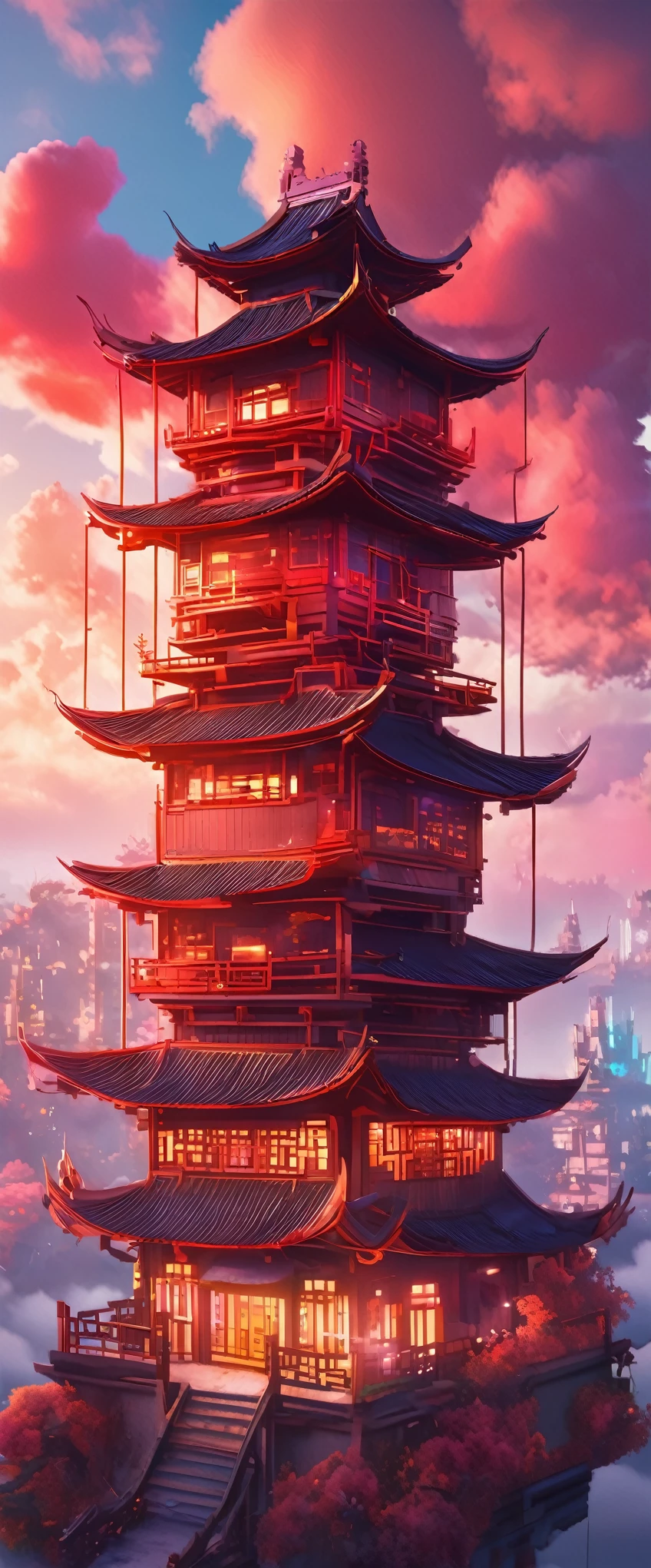 Buildings above the clouds(Ultra-high resolution:1.4)、(Fantasy、cyber punk、Ancient Chinese castles:1.3)、(Irregular red building:1.5)、(Floating in the clouds:1.2)、(Patchwork Cottage、Neon lighting、Floral decoration:1.4)、(Cityscape in the sky:1.1)、(Ross Tran、Inspired by Mikey Chan:1.2)、(Realistic lighting、Light Shaft、Warm glow:1.3)、(masterpiece:1.2)、(high quality、Beautiful graphics、Single image