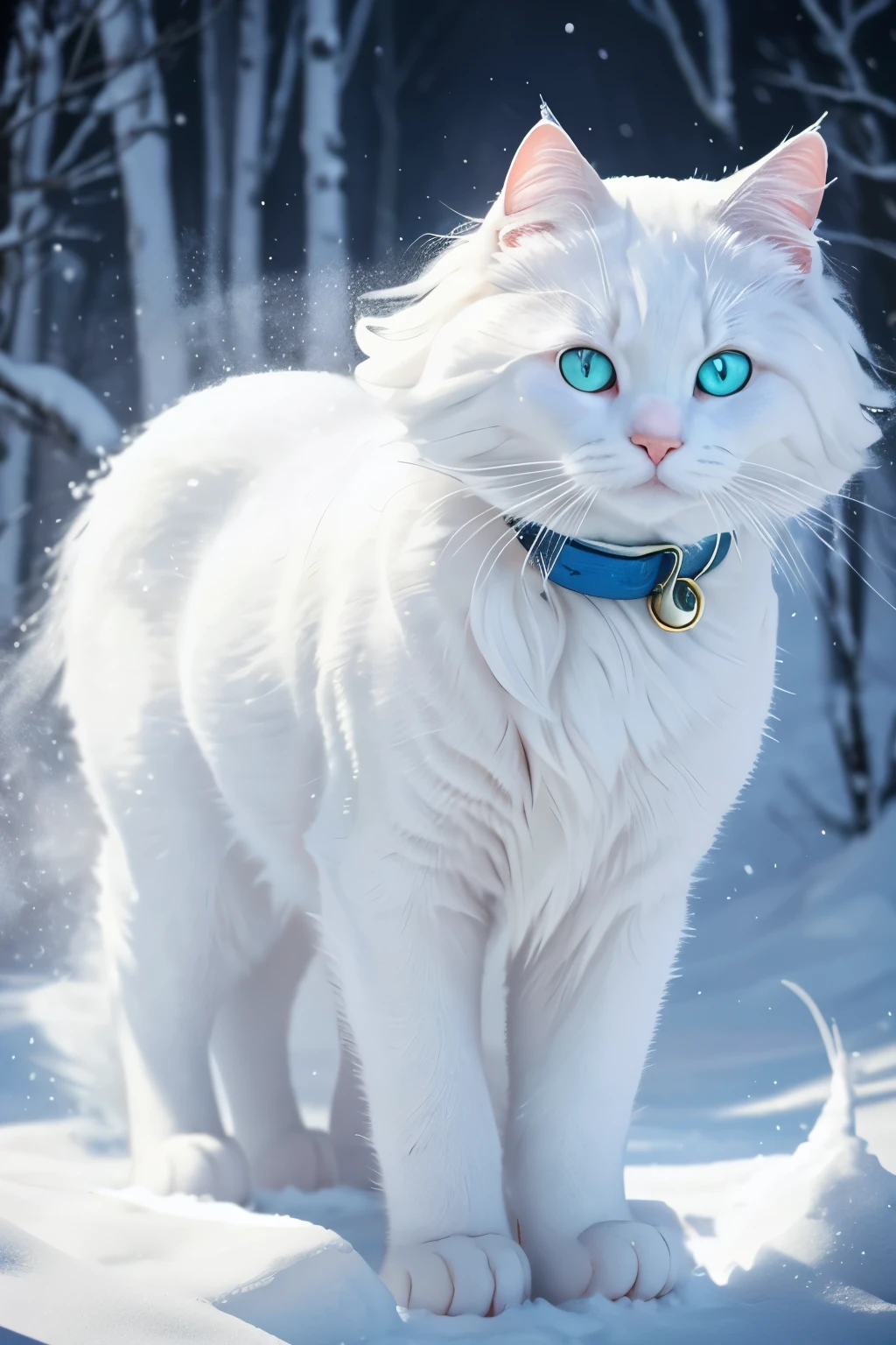 A white cat, A extremally cute white frosty cat with curly white hair, blue-green mother of pearl eyes, deep in the frosty snow of winter, blowing snow, snowy haze, a full moon, a deep river, and a mysterious image. It's night but it's bright. frosty looking cat, gorgeous, beautiful eyes 24k photorealistic extreme depth of color in eyes and collar.