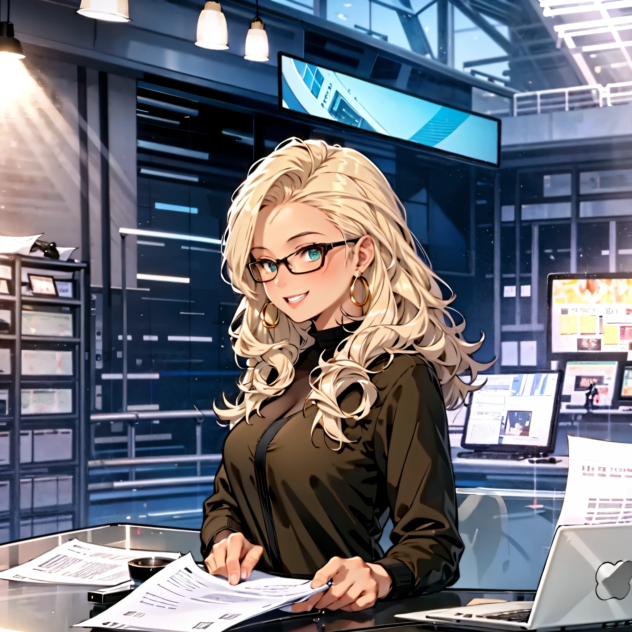 JS_News,leading news,in news studio,sits by the table,1 girl, brown skin, blonde , hair is up , beautiful neck  pony tail, laptop on the table,papers on the table, professional attire, showing cleavage, skin showing, black jacket, big nerdy glasses, big gold ring earrings, she is laughing 