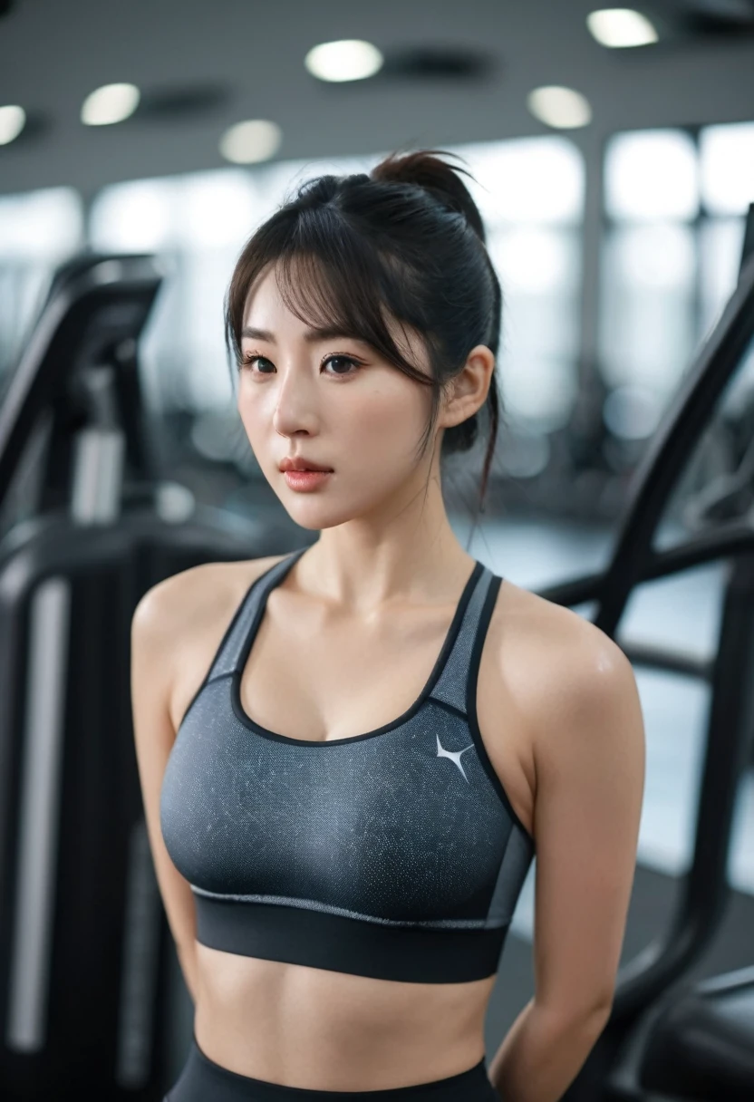 best quality, 8k, highly detailed face and skin texture, high resolution, big tits japanese girl in sport bra at gym, sharp focus
