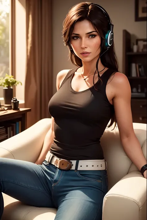Create a picture of Lara Croft in a cozy, modern room within Croft Manor, playing video games on a gaming console. The room shou...