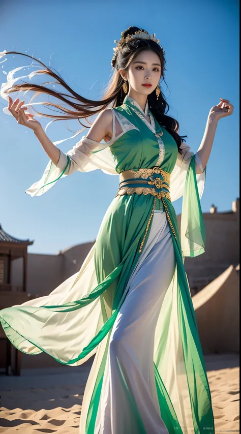 1 girl，dunhuang flying costume，messy long hair，ji jian，dunhuang style，lots of smoke，exquisite，elegant colors，don dress long skir...