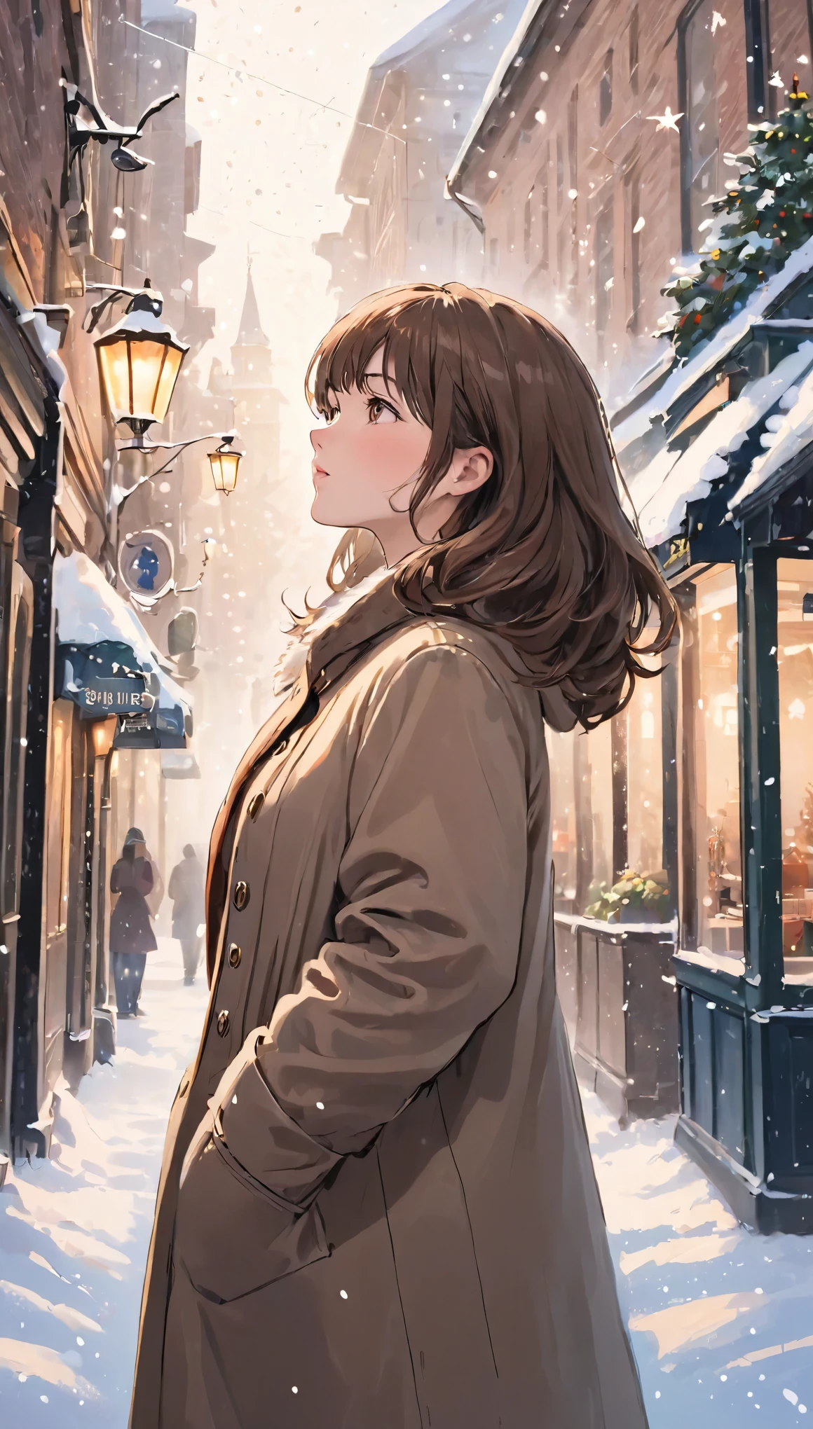 1 Woman Standing, Look up at the sky, /(Stylish clothing/), Mature Woman, /(Brown Hair/) bangs, blush  (Eyes sparkling with fascination), Turn your back, (Masterpiece of the highest quality:1.2) Delicate illustrations, super detailed, big breast break (Snow is falling all around her:1.2), Main Street Outdoors