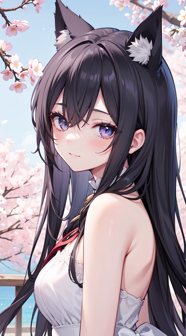 1girl, long hair, animal ears, black hair, masterpiece, purple eyes, slight smile, beautiful face, blush, outdoors, cherry blossoms background, white lacey dress, fox tail, looking at viewer, white hair ribbon, medium breasts, 4k resolution, Best Quality, High resolution, Unity 8k wallpaper, (Illustration:0.8), (Beautiful detailed eyes:1.6), extra detailed face, Perfect Lighting, anime style,
