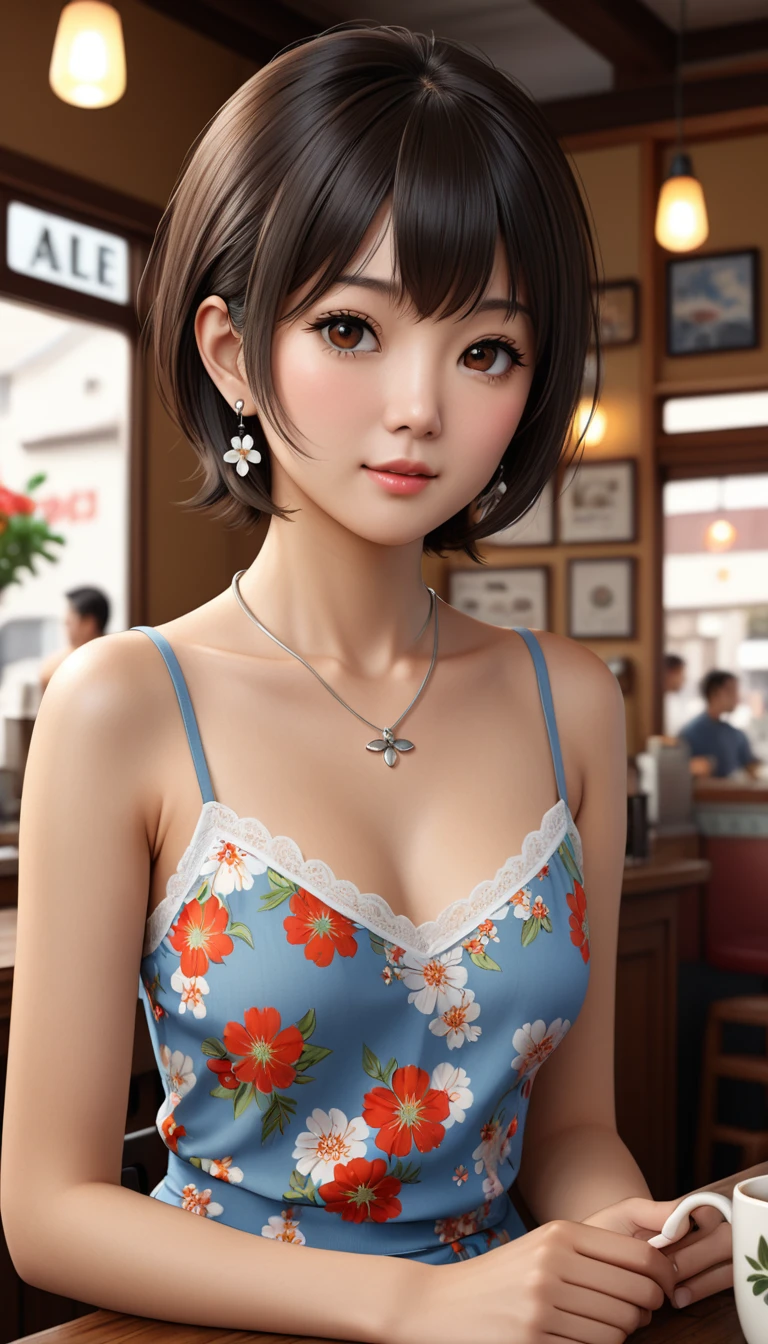 Alta resolução, Fotos RAW, realista, muito delicado e lindo, Muito detalhado, Em detalhe, Highly detailed CG Unity 8K wallpaper, super detalhado, (mais alta qualidade, 32 mil, Resolução ultra-alta:1.2), Uma foto de uma bela mulher japonesa vestindo um top floral dos anos 1970, cabelo curto, Brincos, cordão de prata, Café Antigo, 8K, obra de arte