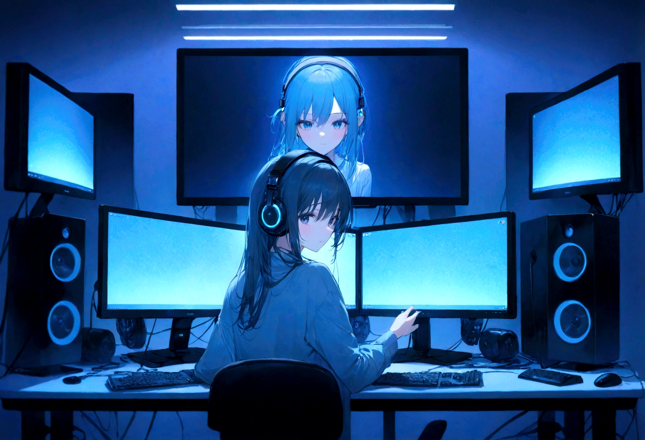 A gaming PC, a room bright with LED lights, a female gamer, a simple and cute room, a beautiful and cute woman using a PC, a woman, ((PC monitors are only 1 horizontal and 1 vertical) ), blue and white theme, the room has white walls and blue LED lights on the four corners of the room, there is a woman from behind in the center of the screen, 8k, super sharp focus, (((For women Screen ratio Raise))), woman looking at a PC from behind in the center, headphones, microphone, neon lights, black lights, masterpiece, top quality, volume lighting, bright and fun atmosphere,