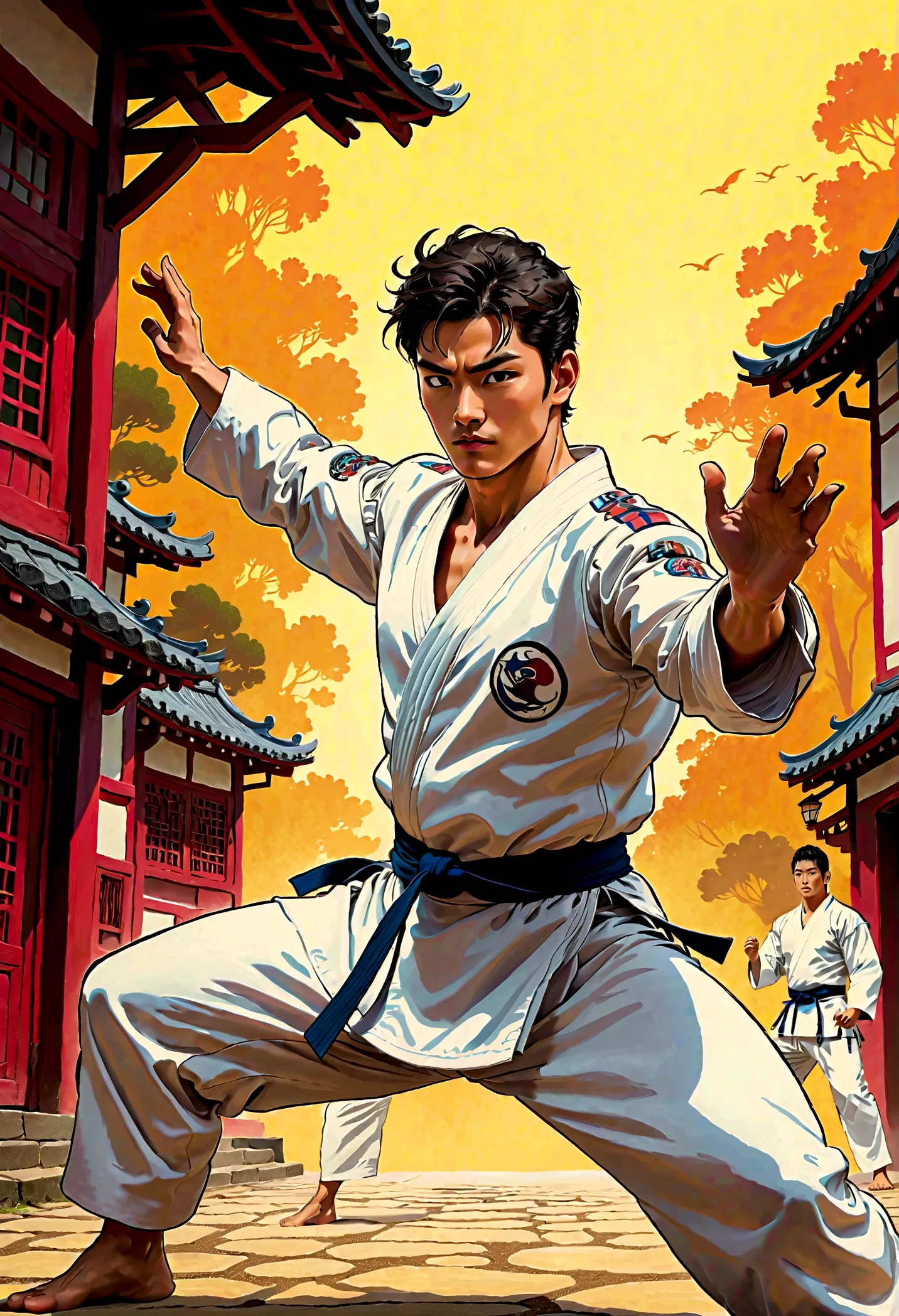 homem treinando tae kwon , estilo comics 